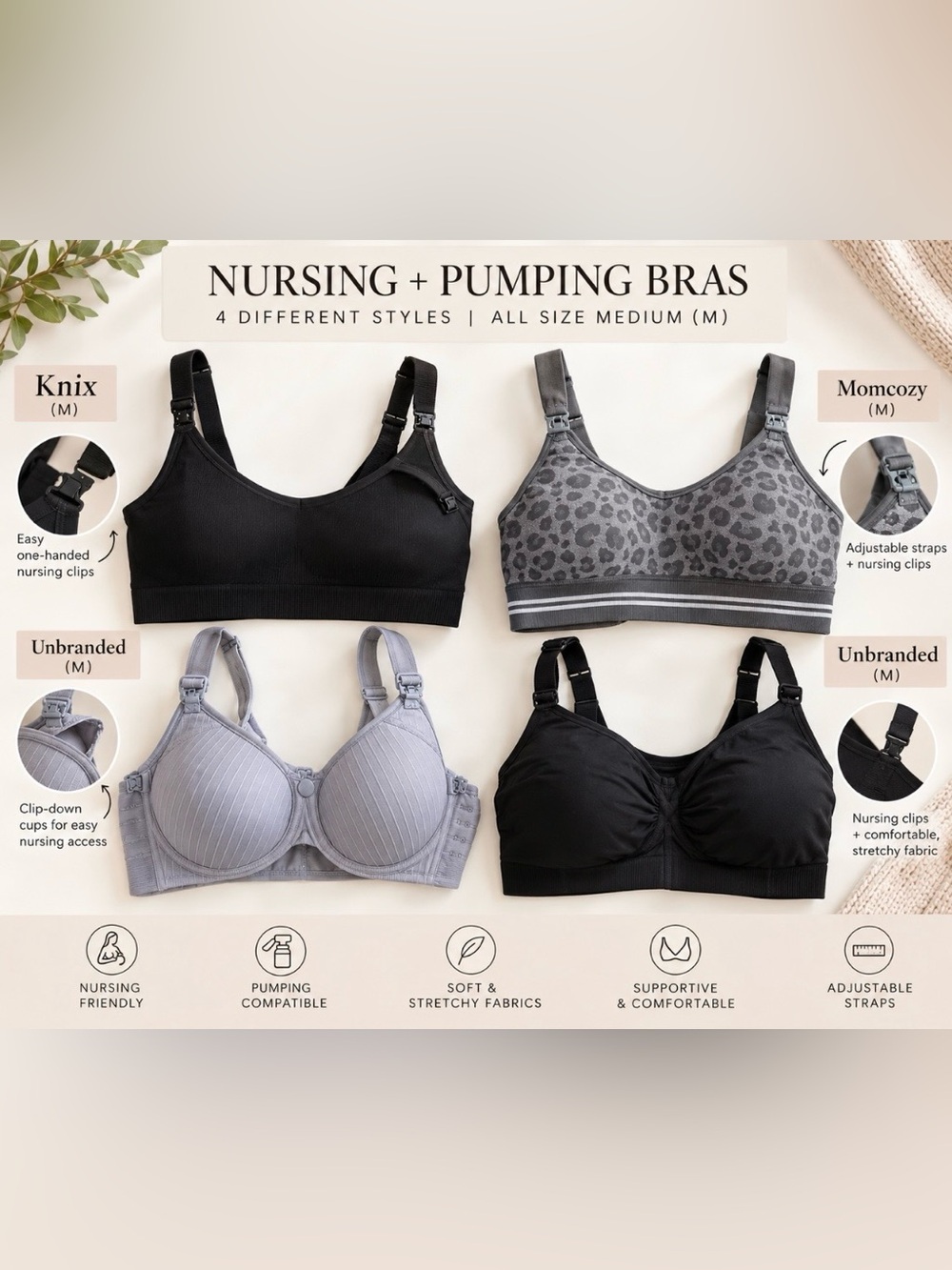 🤱 4-PIECE NURSING + PUMPING BRA BUNDLE | SIZE M